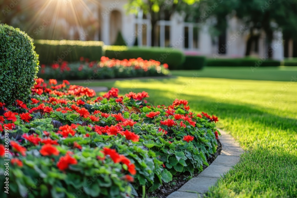 Fototapeta premium A close-up view of a home's front yard with vibrant flower beds filled with red and green plants