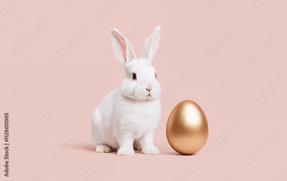 Cute white rabbit sitting next to a large golden egg on a pink background. Cute white rabbit sitting next to a large golden egg on a pink background.