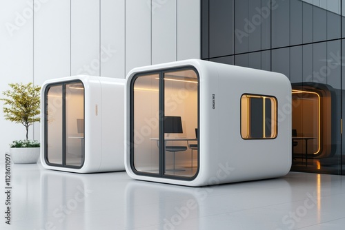 Futuristic glass office pods modern design and innovative lighting photo