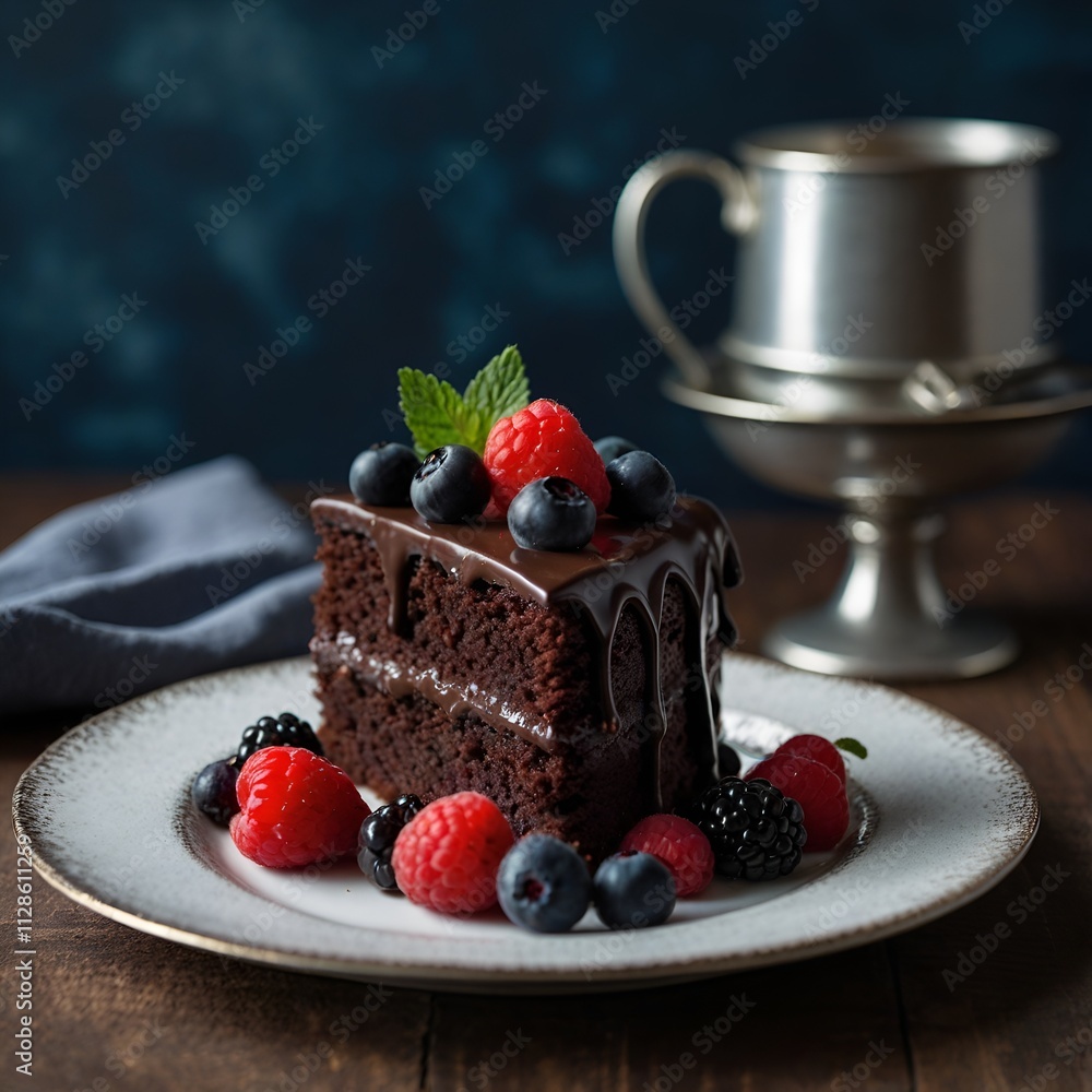 Piece of Chocolate cake with berries and cherries on top Piece of Chocolate cake with berries and cherries on top