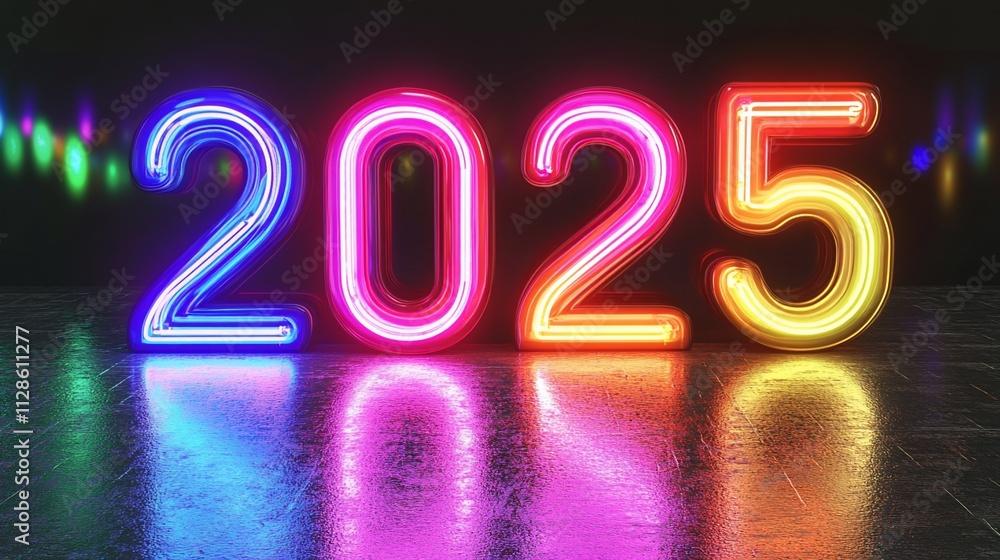 Vibrant neon 2025 digits on reflective floor. Vibrant neon 2025 digits on reflective floor.
