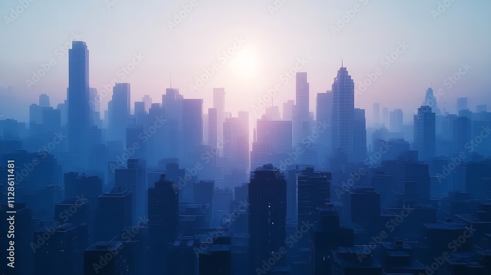 Fototapeta premium A Blue Cityscape Skyline with a Hazy Sun Rising