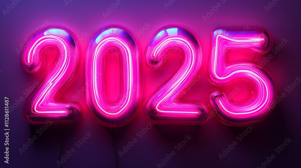 Glowing pink neon 2025 New Year sign. Glowing pink neon 2025 New Year sign.