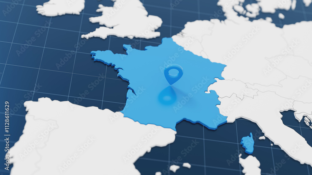 Fototapeta premium Blue France 3d map with pointer pin surrounded with other countries in white. Europe political map with borders. 3d render illustration
