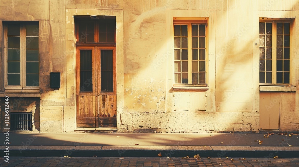 Elegant Parisian architecture, minimalist design, complete wall with windows and doors, warm sunlight, peaceful urban environment, no people visible.