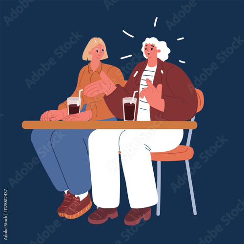 Cartoon vector illustration of two women having a conversation over coffee at a café over dark background