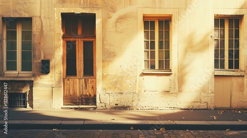 Obraz na płótnie Elegant Parisian architecture, minimalist design, complete wall with windows and doors, warm sunlight, peaceful urban environment, no people visible. w salonie