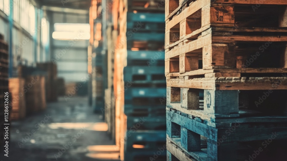 Wooden Pallets Stacked in a Warehouse Setting Wooden Pallets Stacked in a Warehouse Setting