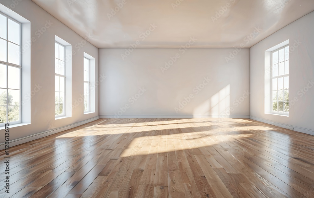 Fototapeta premium Sunlit empty room with hardwood floors and large windows. (1)