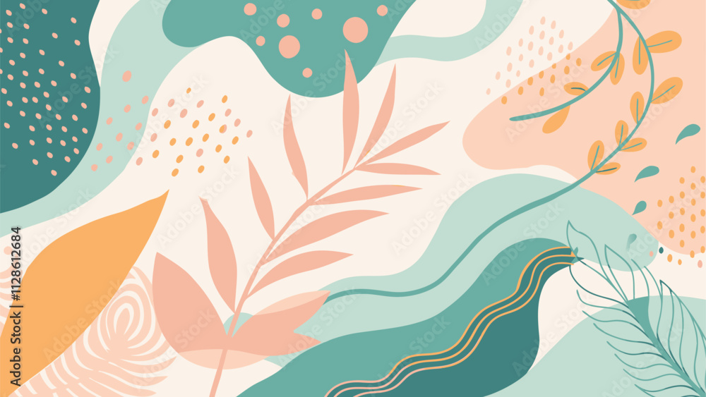 Fototapeta premium Modern abstract background featuring a harmonious blend of organic shapes, tropical colors, and minimalist design elements, creating a visually appealing composition
