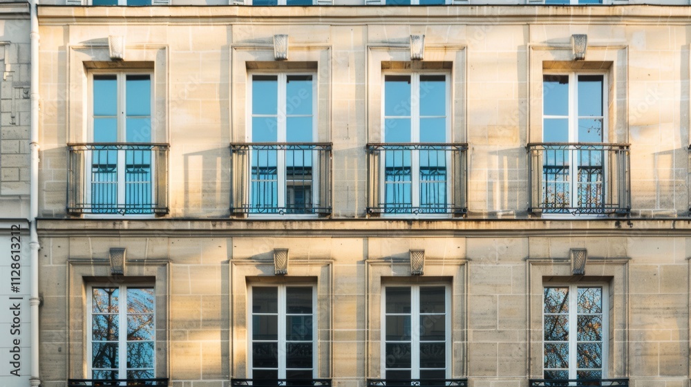 Elegant Parisian architecture, minimalist design, complete wall with windows and doors, warm sunlight, peaceful urban setting, no people visible.
