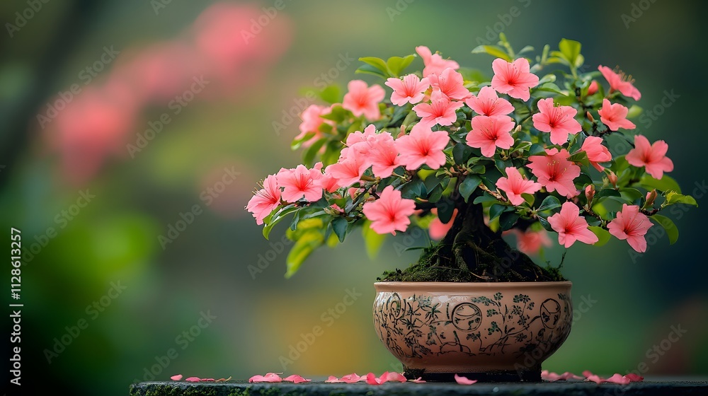 Blooming pink azalea bonsai in a pot. Blooming pink azalea bonsai in a pot.