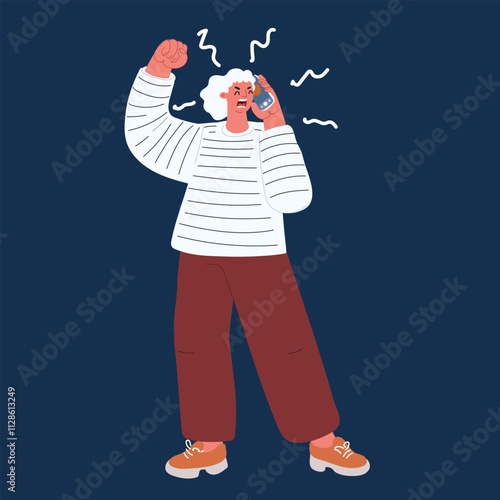 Cartoon vector illustration of the concept of an enraged woman shouting on the phone over dark background