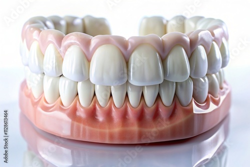 A close up of a fake set of teeth with a blue background