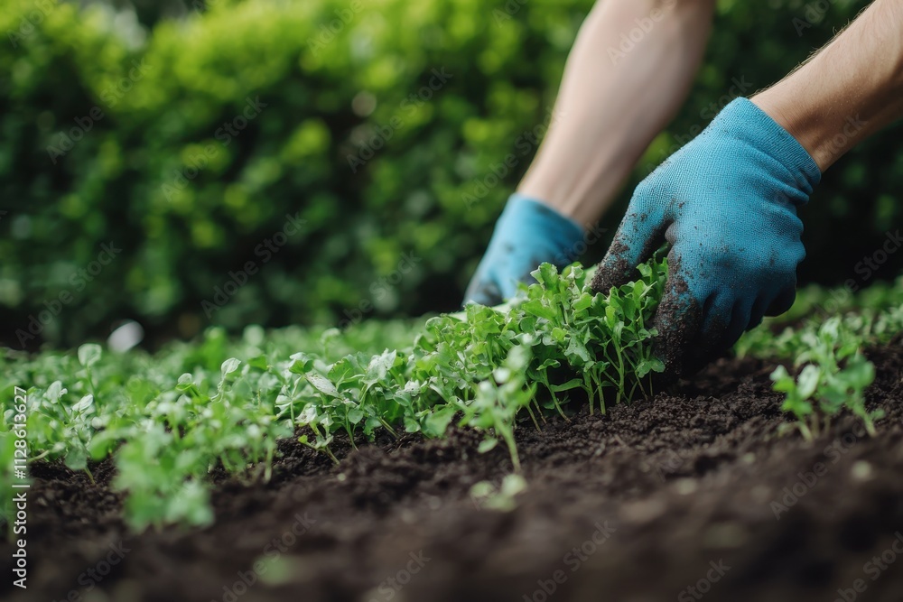 Fototapeta premium A gardener laying a fresh roll of sod on a prepared soil bed in a backyard The person's hands