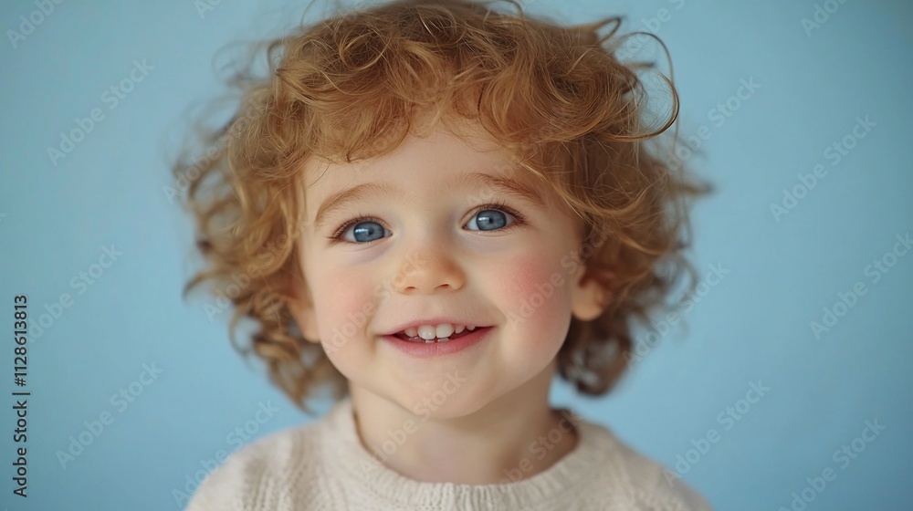 Happy toddler with curly red hair and blue eyes smiling against a light blue background. Happy toddler with curly red hair and blue eyes smiling against a light blue background.
