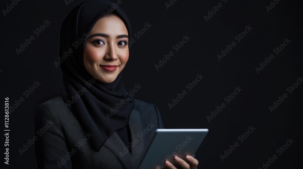 Confident Muslim Businesswoman Using Tablet, Modern Professional Portrait Against Dark Background Confident Muslim Businesswoman Using Tablet, Modern Professional Portrait Against Dark Background