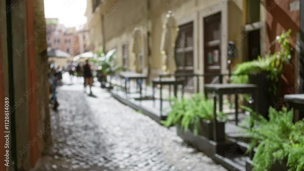 Blurred figures walk along a sunlit cobblestone street with plants and historical buildings in rome's old town, creating a dreamy, timeless atmosphere. Blurred figures walk along a sunlit cobblestone street with plants and historical buildings in rome's old town, creating a dreamy, timeless atmosphere.