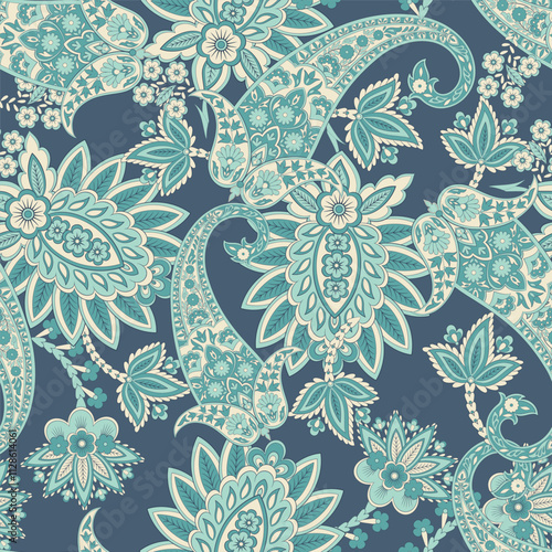 Gorgeous paisley seamless vector pattern with fantastic flowers and leaves. Bohemian textile print inspired by batik. Vintage style