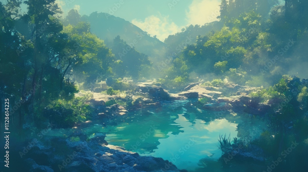 Serene mountain river flowing through lush green forest, reflecting sunlight on calm water. Serene mountain river flowing through lush green forest, reflecting sunlight on calm water.