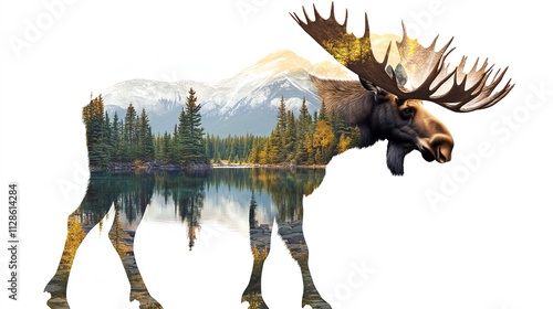 A majestic moose silhouette filled with the serene beauty of a forest landscape and tranquil lake. photo