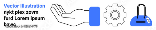 Open hand, gear cog, and shopping bag in simplistic vector style. Ideal for business support, teamwork, machinery concepts, online shopping, customer service marketing and ecommerce themes. Landing
