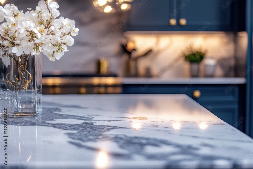 A marble countertop in the foreground with intricate natural veining with a blurred background A marble countertop in the foreground with intricate natural veining with a blurred background