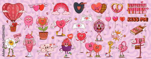 Cartoon groovy Valentines Day characters and love symbols. Retro hippie Valentine pink heart, flower and candy vector personages. Groovy Valentines letter envelope, cake, hippy daisy and heart peace