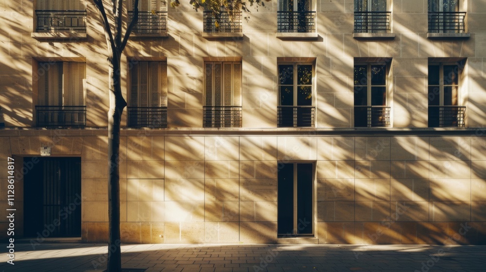 Elegant Parisian architecture, minimalist design, facing a wall with windows and doors, warm sunlight, peaceful urban environment, no people present.
