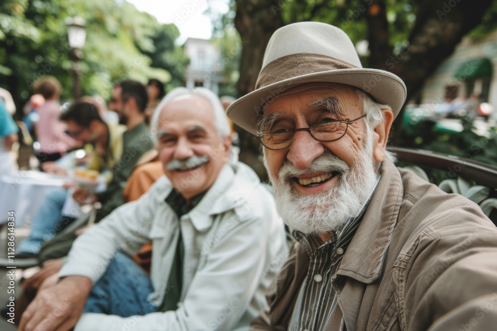 Portrait of smiling senior man sitting at table in street cafe and looking at camera Portrait of smiling senior man sitting at table in street cafe and looking at camera