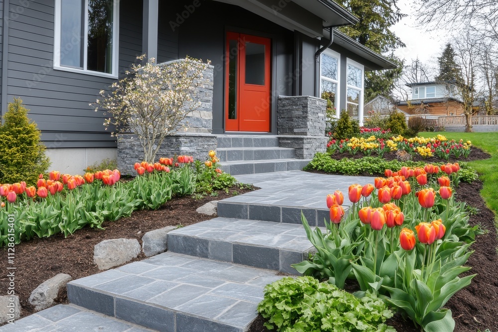 Fototapeta premium A modern house front porch featuring a stone-paved pathway and steps surrounded by small flower beds