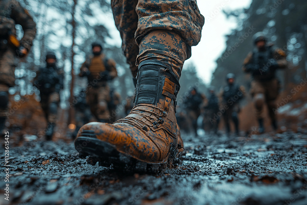 Generative AI Image of Military Soldier Marching in Tactical Boots with Army Squad in Background in Forest Setting Generative AI Image of Military Soldier Marching in Tactical Boots with Army Squad in Background in Forest Setting