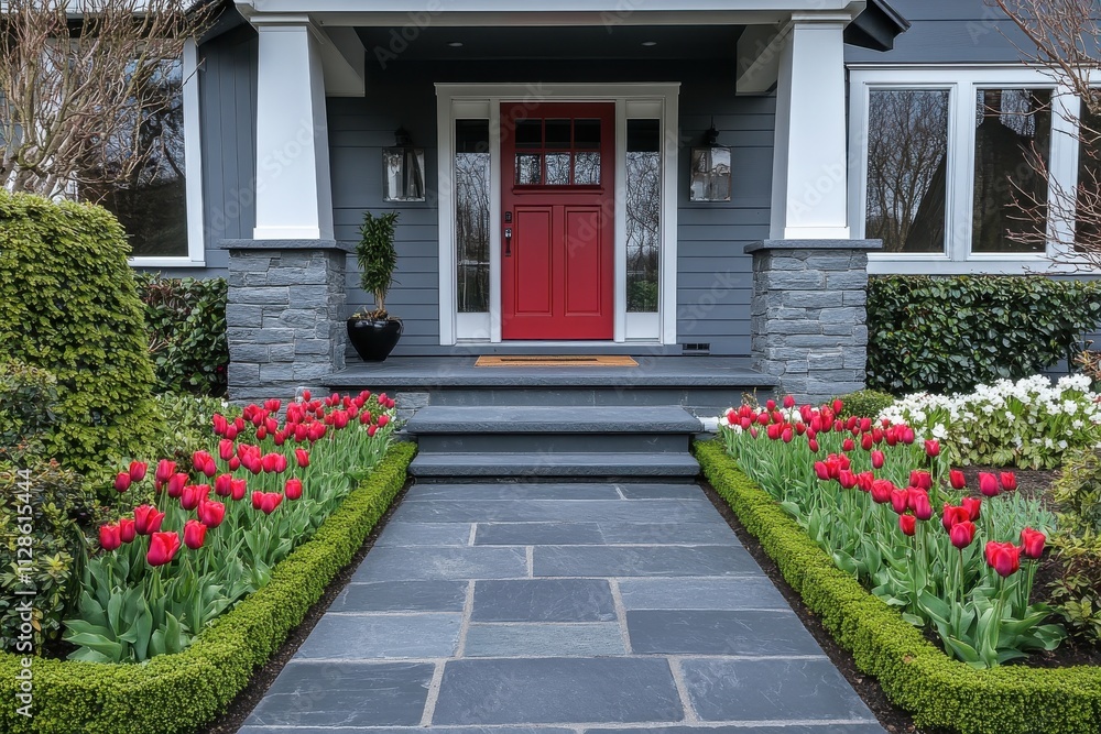 Obraz premium A modern house front porch featuring a stone-paved pathway and steps surrounded by small flower beds