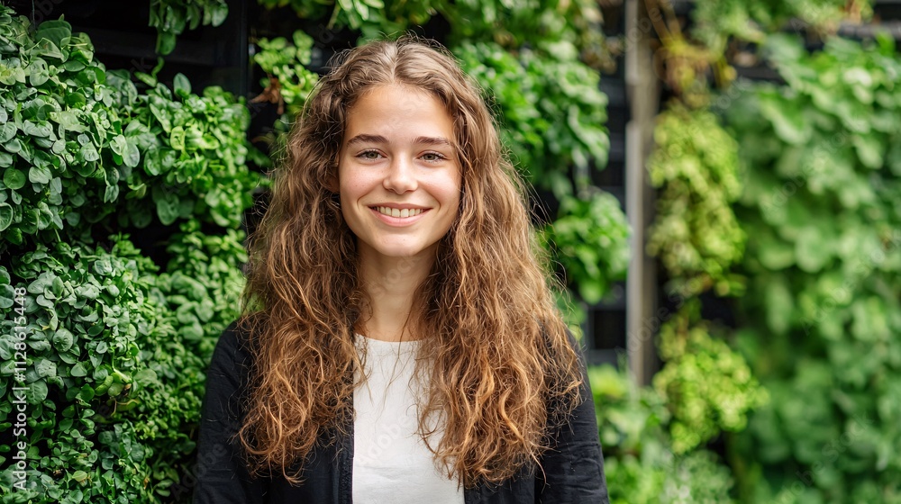 A smiling young woman with curly hair stands in front of a lush green wall, exuding a sense of joy and connection to nature. A smiling young woman with curly hair stands in front of a lush green wall, exuding a sense of joy and connection to nature.
