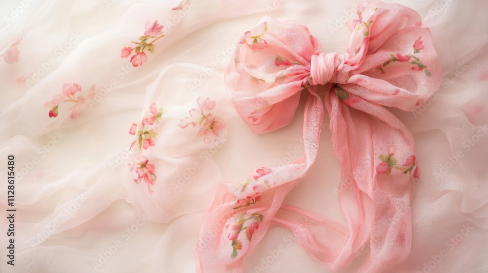 Pink Floral Fabric Bow on Sheer Fabric Background Pink Floral Fabric Bow on Sheer Fabric Background