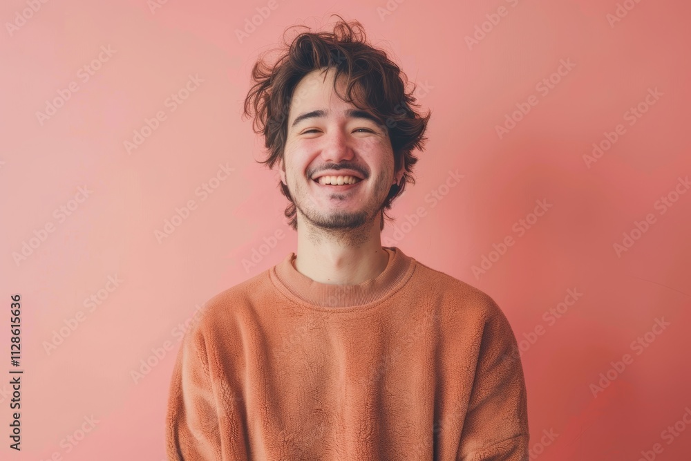 Portrait of a smiling man in his 30s dressed in a comfy fleece pullover in front of pastel or soft colors background Portrait of a smiling man in his 30s dressed in a comfy fleece pullover in front of pastel or soft colors background