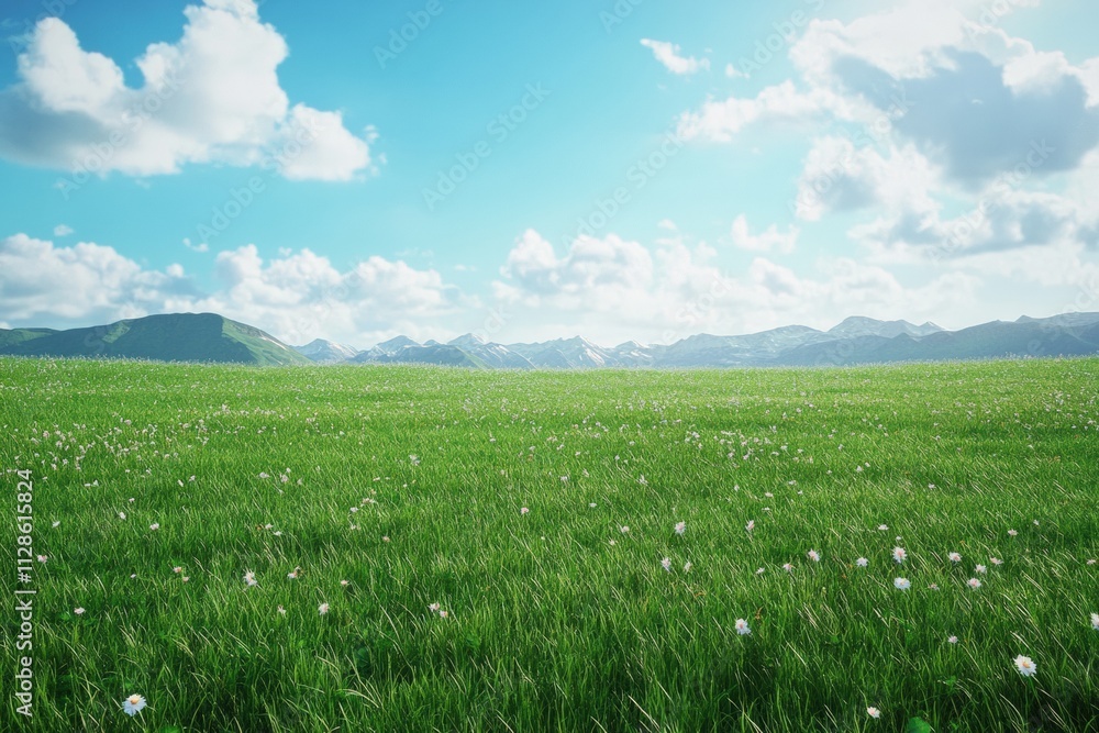 A lush green meadow with wildflowers and distant mountains. A lush green meadow with wildflowers and distant mountains.