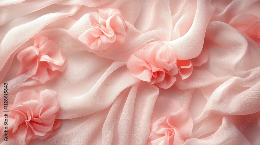 Pink silk fabric adorned with delicate rose appliques