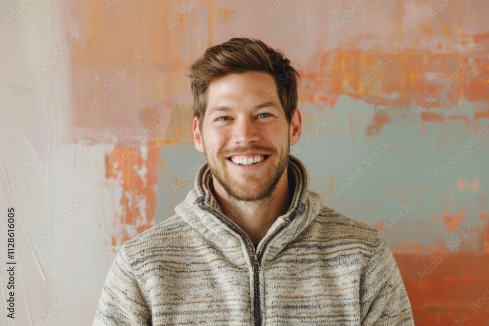 Portrait of a smiling man in his 30s dressed in a comfy fleece pullover in pastel or soft colors background Portrait of a smiling man in his 30s dressed in a comfy fleece pullover in pastel or soft colors background