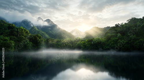 A serene landscape featuring misty mountains, lush greenery, and a tranquil lake reflecting the soft light of dawn.