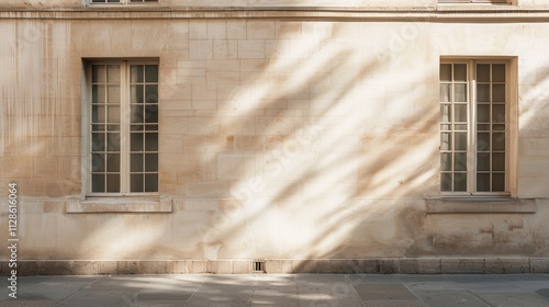Obraz na płótnie Elegant Parisian architecture, minimalist design, facing a wall with windows and doors, sunny afternoon, tranquil atmosphere, no people visible. w salonie