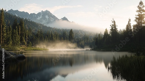 A serene lake reflects mountains and mist, surrounded by lush trees under a soft morning light.