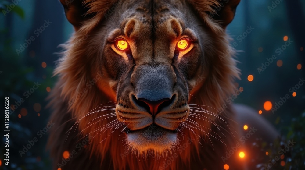 Naklejka premium Bioluminescent Lion's Face Close-up