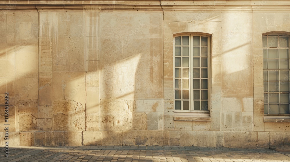 Elegant Parisian architecture, minimalist design, facing a wall with windows and doors, sunny afternoon, tranquil atmosphere, no people visible.