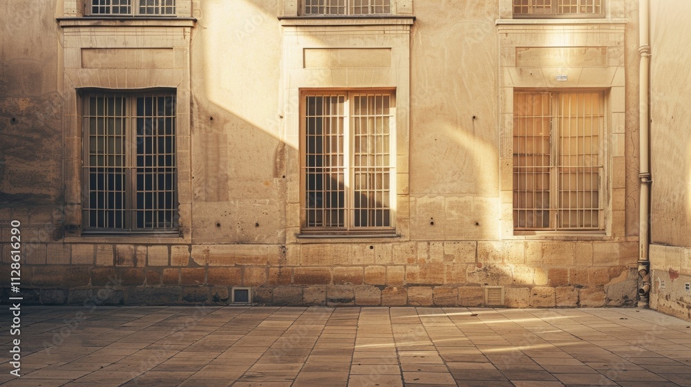 Elegant Parisian architecture, minimalist design, facing a wall with windows and doors, sunny afternoon, tranquil atmosphere, no people visible.