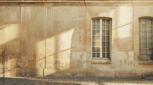 Obraz na płótnie Elegant Parisian architecture, minimalist design, facing a wall with windows and doors, sunny afternoon, tranquil atmosphere, no people visible. w salonie