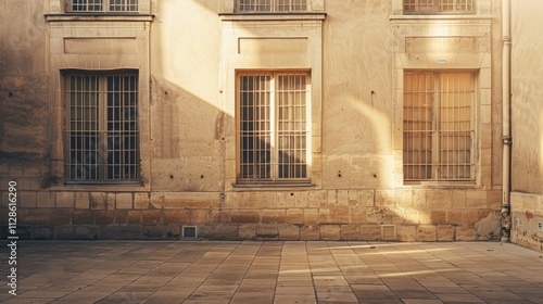 Obraz na płótnie Elegant Parisian architecture, minimalist design, facing a wall with windows and doors, sunny afternoon, tranquil atmosphere, no people visible. w salonie
