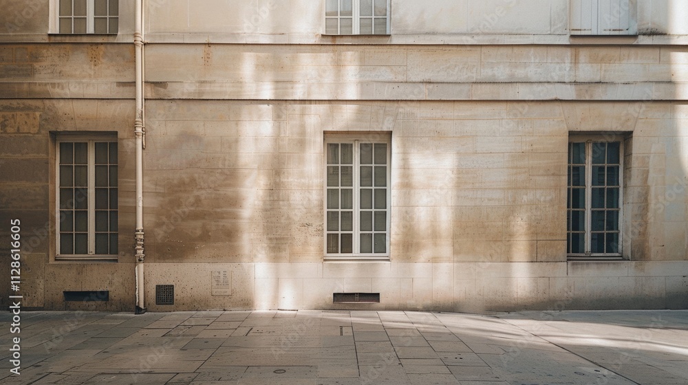 Elegant Parisian architecture, minimalist design, facing a wall with windows and doors, warm sunlight, serene urban environment, no people present.