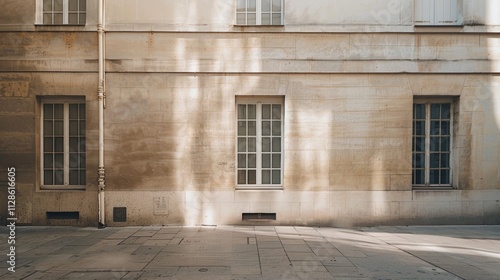 Elegant Parisian architecture, minimalist design, facing a wall with windows and doors, warm sunlight, serene urban environment, no people present.