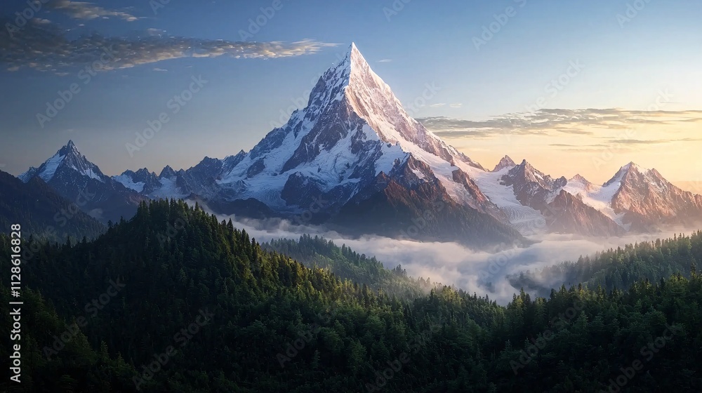 A majestic snow-capped mountain rises above a lush green forest, surrounded by mist and bathed in the warm glow of a sunrise. A majestic snow-capped mountain rises above a lush green forest, surrounded by mist and bathed in the warm glow of a sunrise.
